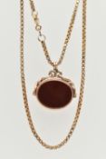 A 9CT GOLD SWIVEL FOB AND CHAIN, the oval swivel fob set with bloodstone and carnelian, suspended