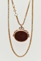 A 9CT GOLD SWIVEL FOB AND CHAIN, the oval swivel fob set with bloodstone and carnelian, suspended