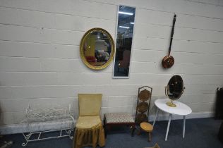 A SELECTION OF OCCASIONAL FURNITURE, to include an oval gilt framed bevelled edge wall mirror,