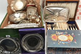 A BOX OF ASSORTED WHITE METAL WARE, to include a boxed 'The Age Of Elegance Collection' silver plate