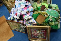 TWO BOXES OF HANDMADE PATCHWORK QUILTED BED COVERS AND FOUR STUMPWORK/EMBROIDERED PICTURES,