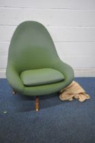 A MID CENTURY GREAVES AND THOMAS SWIVEL EGG CHAIR, with green upholstery, width 73cm x depth 77cm