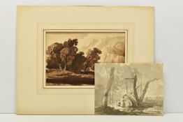 TWO UNSIGNED 19TH CENTURY LANDSCAPE SKETCHES, the first depicts a landscape with trees and cliffs to