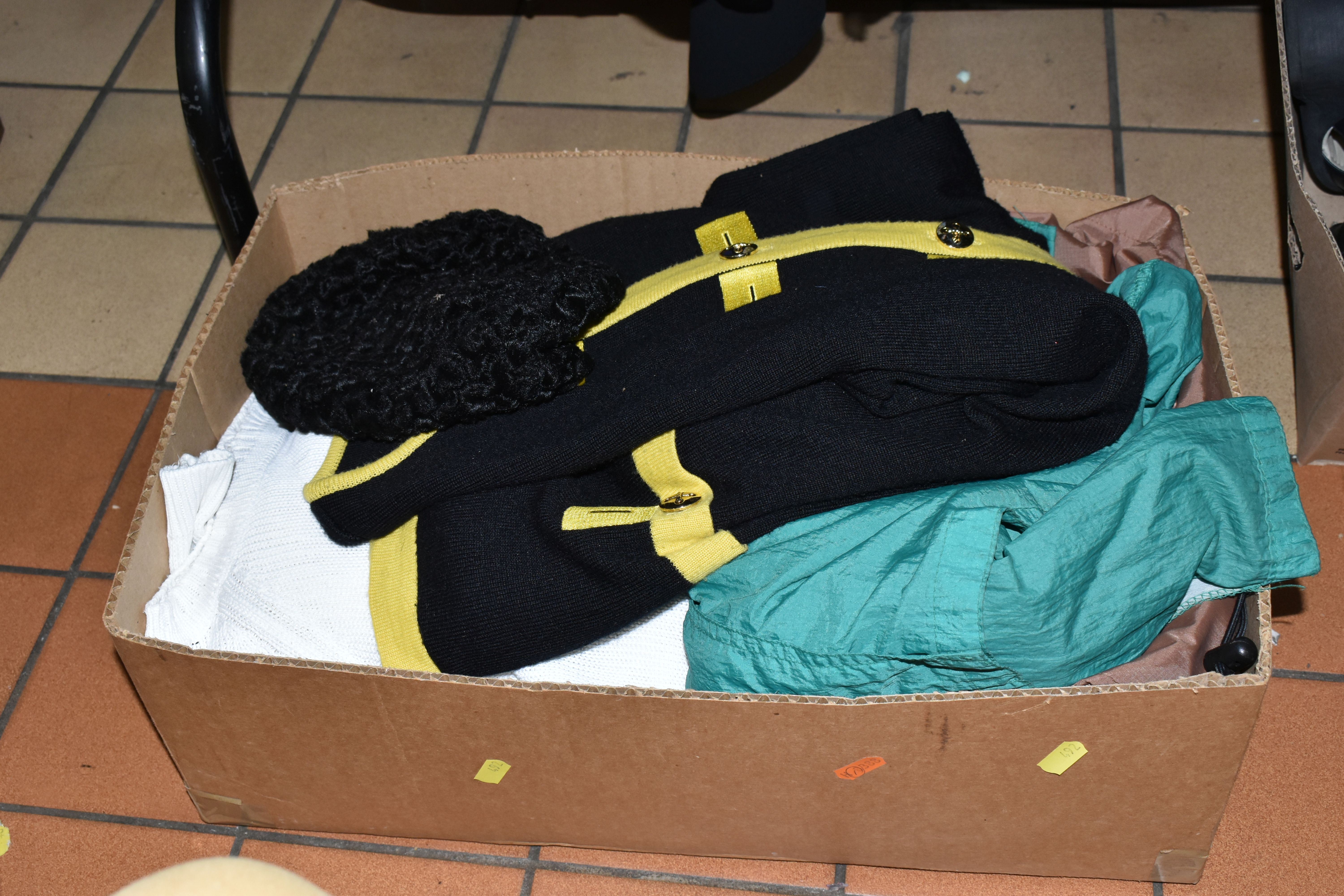 TWO BOXES AND ONE RAIL OF CLOTHING AND ACCESSORIES, to include a quantity of ladies suits and - Image 4 of 6