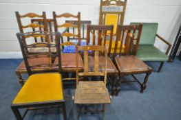 A SELECTION OF VARIOUS PERIOD CHAIRS, to include three armchairs, a commode two pairs of oak chairs,
