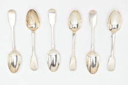 SIX SILVER FIDDLE PATTERN TEASPOONS, one with a hallmark for Edinburgh, others hallmarked London,