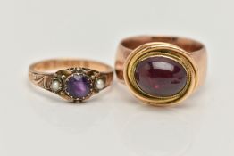 TWO GEM SET RINGS, the first a 15ct gold amethyst and seed pearl ring with scrolling detail,