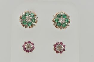 TWO PAIRS OF GEM SET EARRINGS, the first a pair of 9ct gold ruby and diamond cluster stud