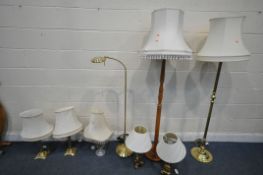 A SELECTION OF VARIOUS LAMPS, to include a brass standard lamp, a wooden standard lamp, another