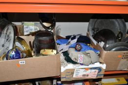 FOUR BOXES OF METALWARE AND SUNDRIES, to include a small blue Lapis and semi-precious gemstone globe