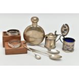 A SELECTION OF EARLY 20TH CENTURY SILVERWARE, to include a pair of silver napkin rings engraved in