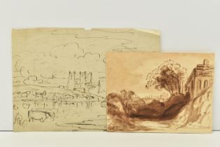 JOHN VARLEY (1778-1842) A LANDSCAPE STUDY WITH BUILDINGS, depicting a building and trees on high