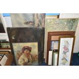 A QUANTITY OF PAINTINGS AND PRINTS ETC, to include distressed 19th century oils on canvas