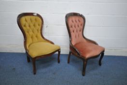 TWO REPRODUCTION VICTORIAN STYLE BUTTONED SPOON BACK CHAIRS, one with pink upholstery, the other