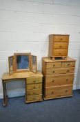 A SELECTION OF MODERN PINE BEDROOM FURNITURE, to include a chest of two short over three long