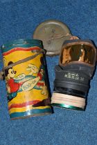A MICKEY MOUSE GAS MASK CASE, multi-coloured lithographed tinplate case with lid, showing Mickey