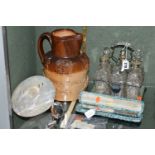 A GROUP OF GLASS, METAL WARES, CERAMICS AND SHELL PICTURE, comprising a six piece cut glass cruet