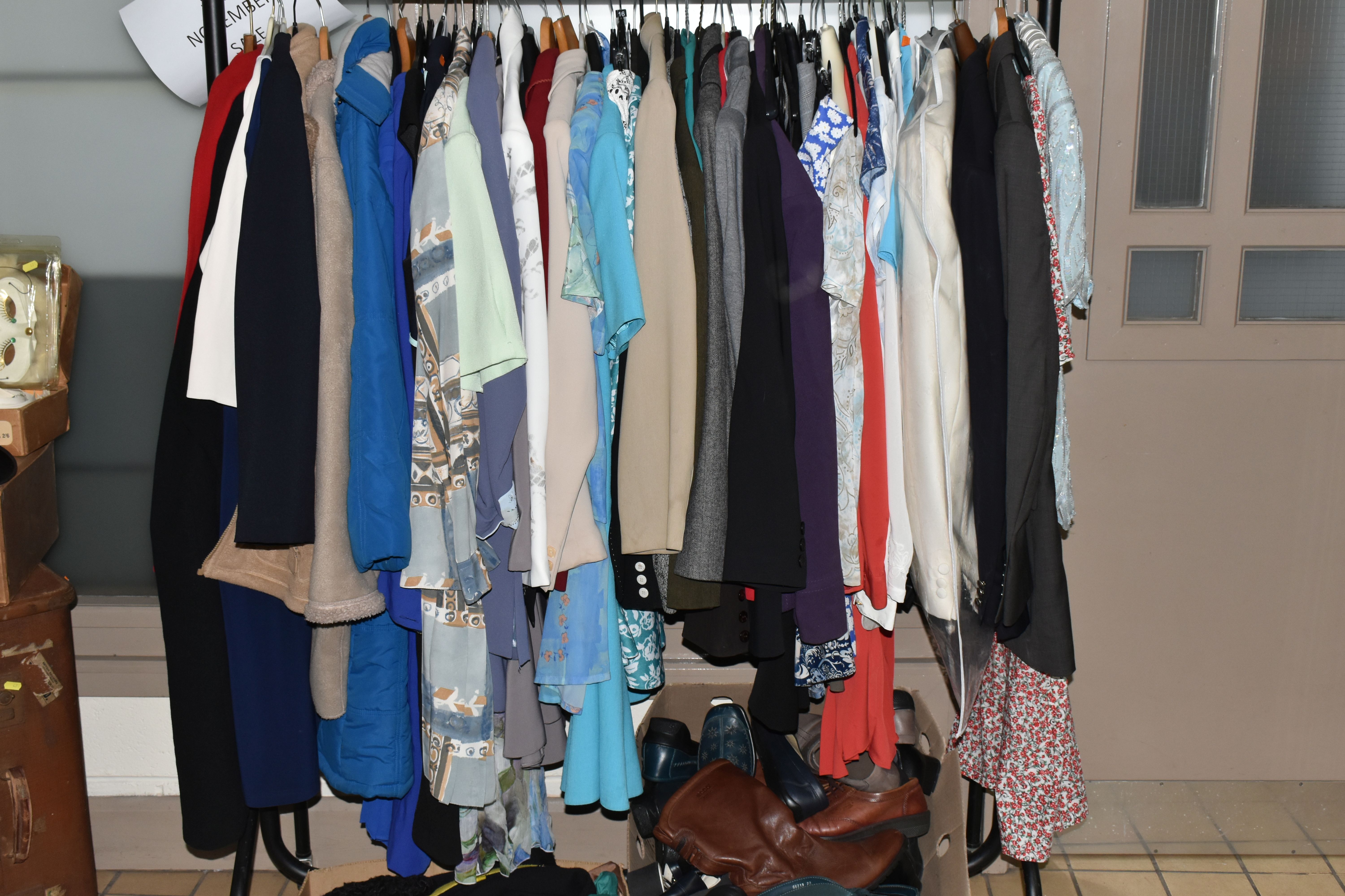 TWO BOXES AND ONE RAIL OF CLOTHING AND ACCESSORIES, to include a quantity of ladies suits and - Image 6 of 6