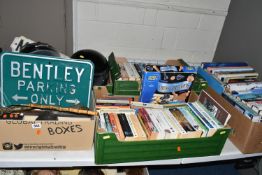 FIVE BOXES OF BOOKS, MOTOR CYCLING HELMETS, ETC, including, a small quantity of foreign coinage, a
