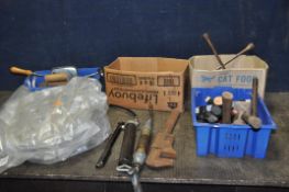 FOUR BOXES OF AUTOMOTIVE AND BUILDERS TOOLS including plug sockets, spanners, grease guns, three