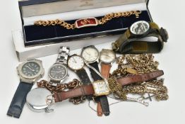 A BOX OF ASSORTED WATCHES AND COSTUME JEWELLERY, to include seven watches, names to include