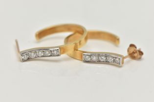 A PAIR OF YELLOW METAL AND DIAMOND HOOP EARRINGS, five round brilliant cut diamonds, grain set in