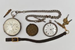 TWO SILVER POCKET WATCHES AND OTHER ITEMS, the first a key wound movement, dial signed 'centre
