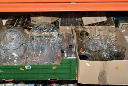 FOUR BOXES OF GLASSWARE, to include two boxed sets of six 'Klunk' tumblers, a quantity of