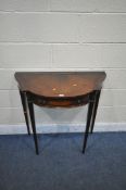 A 20TH CENTURY G T RACKSTRAW FLAME MAHOGANY SIDE TABLE, with a single frieze drawer, on square