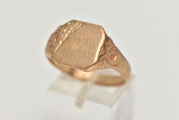 A GENTS 9CT GOLD SIGNET RING, of a polished square form, scroll detail to the shoulders, leading