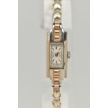 A 9CT GOLD LADYS COCKTAIL WATCH, hand wound movement, rectangular dial, baton markers, white and