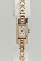 A 9CT GOLD LADYS COCKTAIL WATCH, hand wound movement, rectangular dial, baton markers, white and