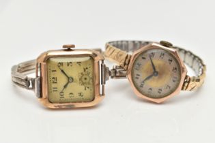 TWO EARLY 20TH CENTURY, 9CT GOLD WATCHES, the first a manual wind watch, square silver dial,