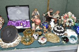 A GROUP OF CERAMICS, GLASS AND METAL WARES, to include a Royal Doulton Falstaff HN2054 figure, a