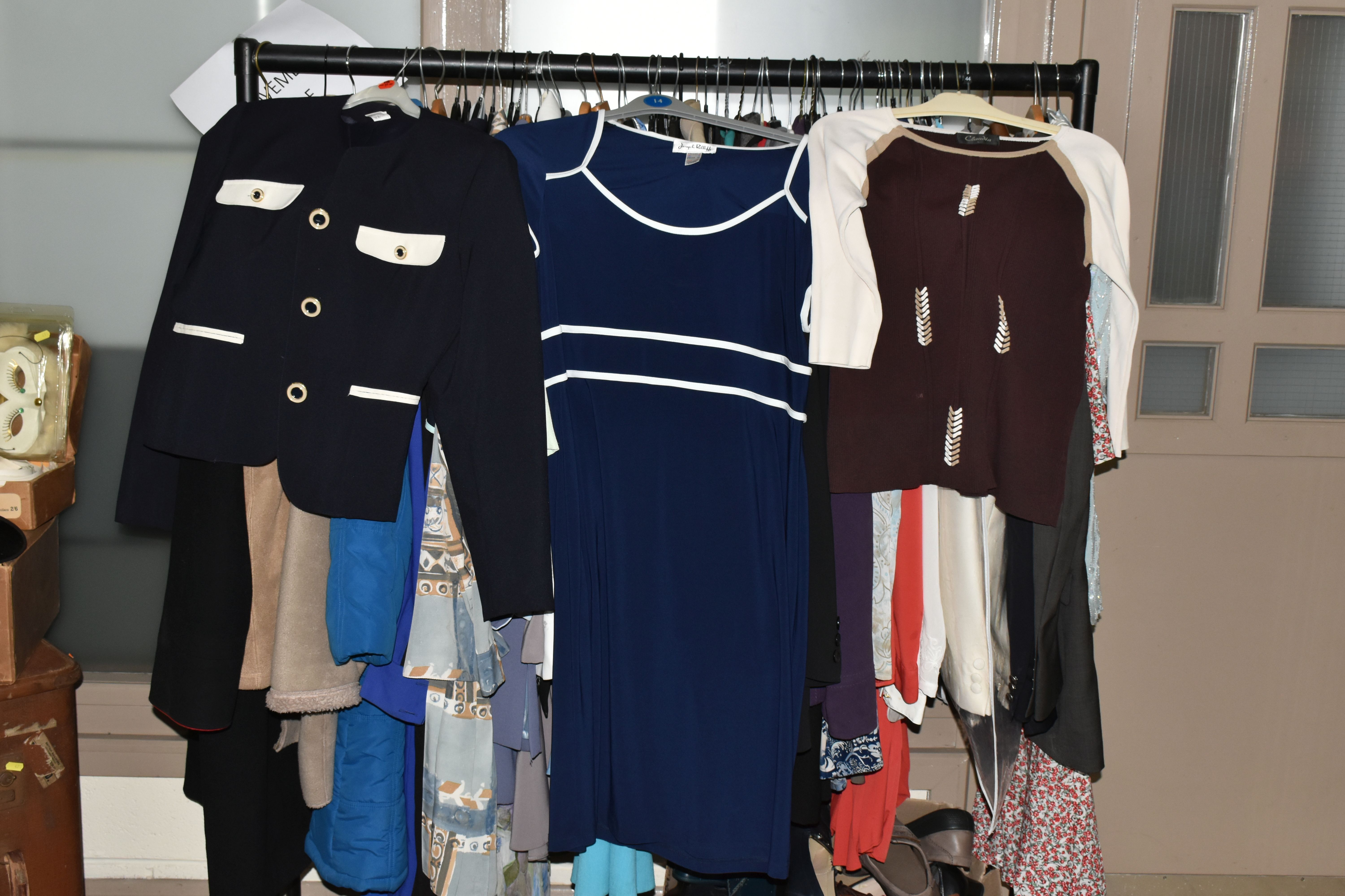 TWO BOXES AND ONE RAIL OF CLOTHING AND ACCESSORIES, to include a quantity of ladies suits and - Image 3 of 6