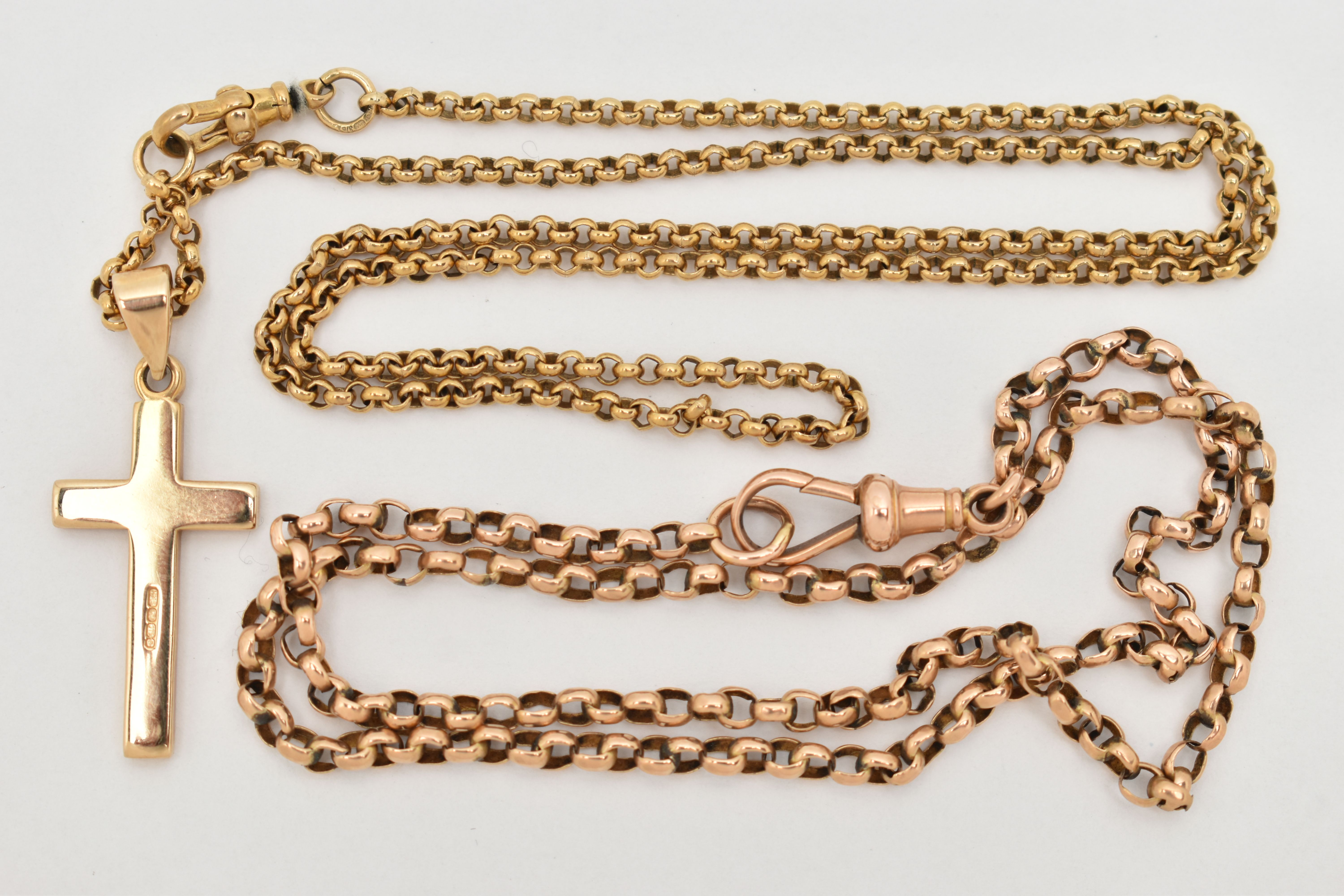 TWO CHAINS AND A CROSS PENDANT, both belcher link chains with lobster claw clasps, one suspending - Image 2 of 2