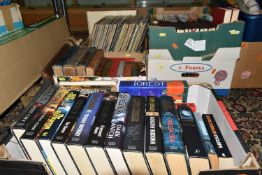 FIVE BOXES OF HARDBACK AND PAPERBACK BOOKS AND LPS, ETC, authors include Bernard Cornwell and