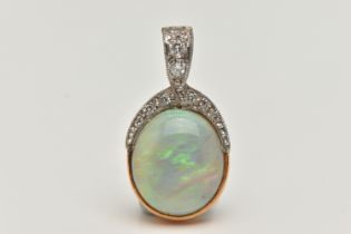 AN OPAL AND DIAMOND PENDANT, a large oval cabochon opal, collet set in yellow metal, leading on to a