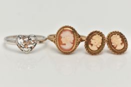 A 9CT GOLD CAMEO RING AND EARRINGS, AND A SILVER CLOGAU RING, a yellow gold and shell cameo ring,