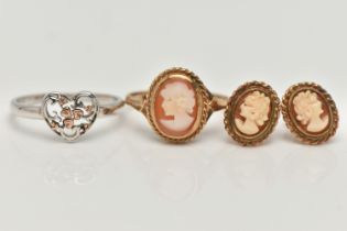 A 9CT GOLD CAMEO RING AND EARRINGS, AND A SILVER CLOGAU RING, a yellow gold and shell cameo ring,