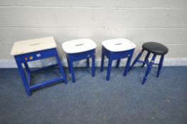 FIVE VARIOUS PINE BLUE PAINTED STOOLS, to include two pairs, one painted white, largest width 42cm x
