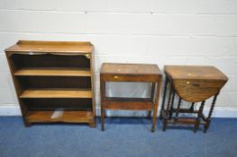 THREE PIECES OF 20TH CENTURY OAK FURNITURE, to include an open bookcase, width 85cm x depth 24cm x