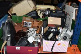 THREE BOXES OF VINTAGE CAMERAS AND AUDIO EQUIPMENT, to include a Sony cassette recorder/player in