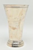 AN EARLY 20TH CENTURY SILVER VASE, hammer effect, personal engraving reads 'From F.B to his faithful