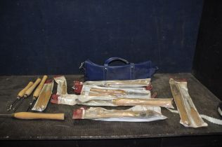 A BAG CONTAINING THIRTEEN ROBERT SORBY WOOD TURNING CHISELS including a Master sander, a partial