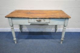 A VICTORIAN PINE FARMHOUSE KITCHEN TABLE, with a single frieze drawer, on turned legs (condition