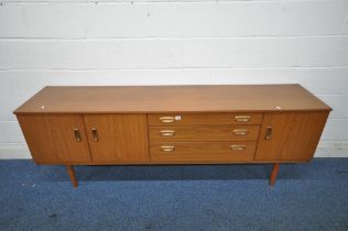 A MID CENTURY SCHREIBER TEAK EFFECT SIDEBOARD, with three drawers and three cupboard doors, the