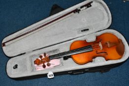 A CASED HALF SIZE VIOLIN, having a two piece back, length 51cm, the bow having mother of pearl