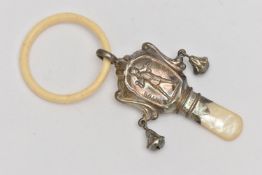 A SILVER PETER PAN BABY RATTLE, embossed portrait of Peter Pan, fitted with two bells, a bone