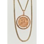 A SOVEREIGN PENDANT AND CHAIN, designed as a George V 1914 full sovereign within a circular 9ct